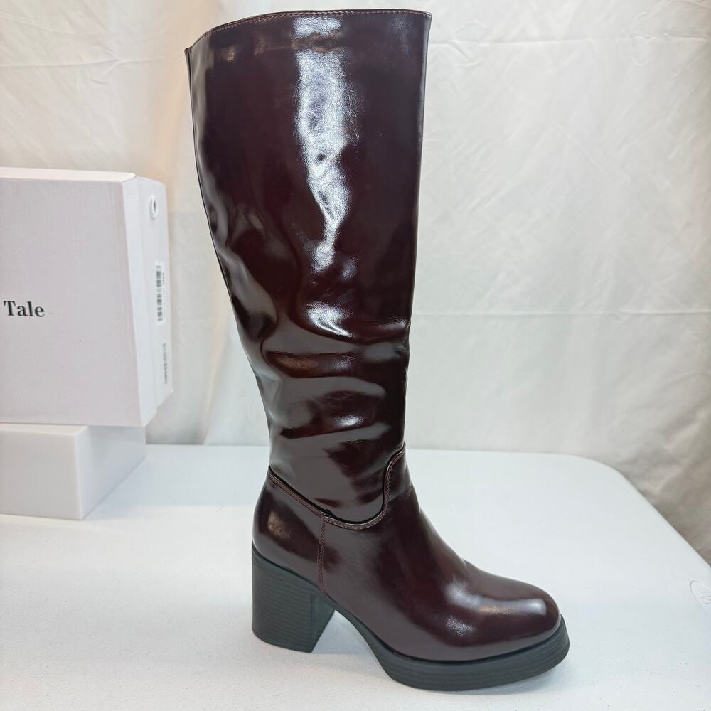Shoe’N Tale Burgundy Platform Knee‑High Boots Women’s Size 8.5 – Tall PU Zip